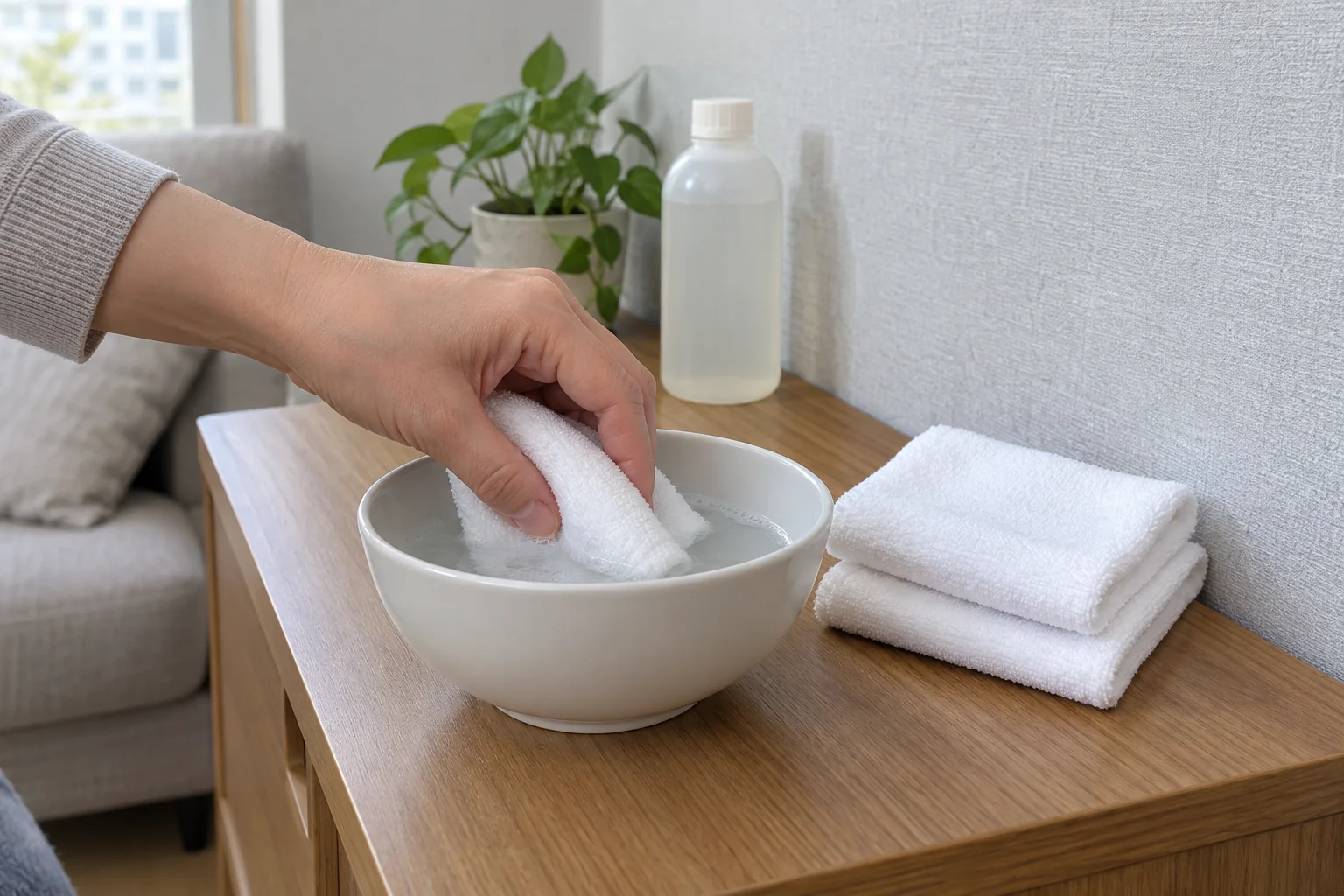 순한 세제를 희석한 물에 부드러운 천을 적시는 설명 장면